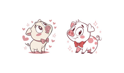 Fototapeta premium Cute cartoon pigs with hearts and bows on a white background