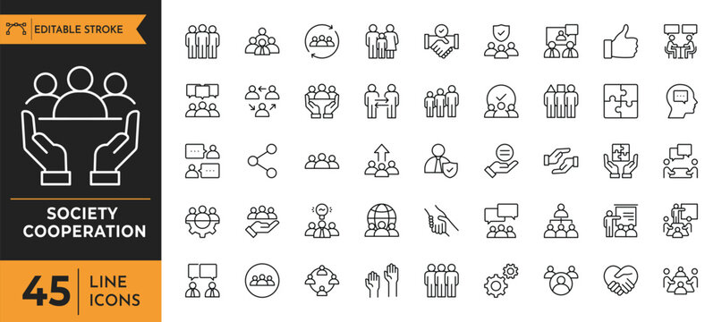 Society cooperation icon set. Contain icons related to showing global society and cooperation concepts. Editable stroke. Vector illustration