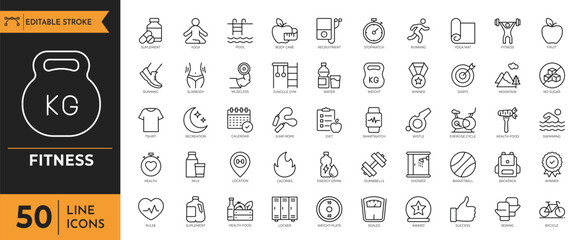 Fitness icon set. Containing exercise, workout, strength, endurance, health, wellness, cardiovascular, muscle and more. Editable stroke. vector illustration