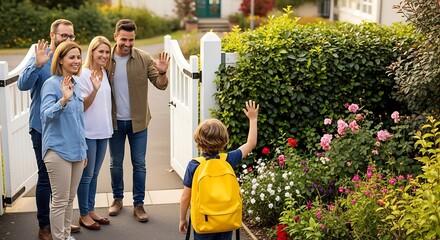 Family waving goodbye to a young boy with a yellow backpack leaving through a white gate at a house