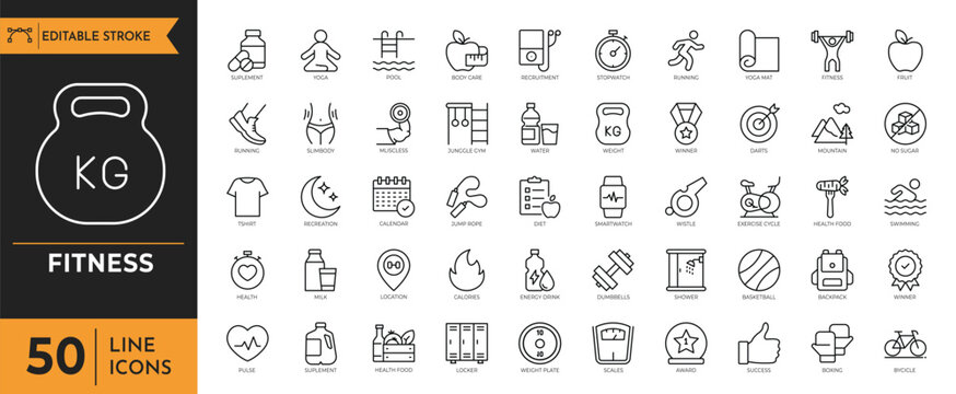 Fitness icon set. Containing exercise, workout, strength, endurance, health, wellness, cardiovascular, muscle and more. Editable stroke. vector illustration