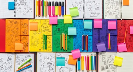 Colorful notebooks with doodles and sticky notes arranged in rainbow order on a flat surface