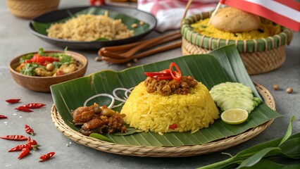 Festive nasi kuning arranged on banana leaves, embodying Indonesia's culinary celebration of Independence Day.