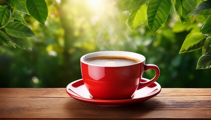 Obraz premium aromatic coffee in red cup on wooden table with lush greenery background