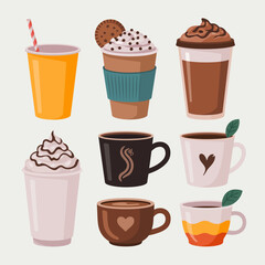 Variety of Coffee Drinks and Mugs in Fun Colorful Cartoon Style Illustration Collection for Beverage Concepts and Designs