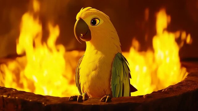 Animated parrot with fire background, cartoon bird enjoying warm ambience, animal theme for kids