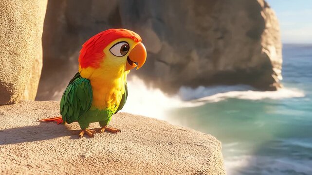 Adorable cartoon parrot enjoying ocean view on rocky coast animation video footage
