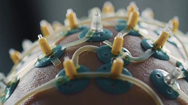Close up of a head with EEG sensors attached, tubes connect teal pads to yellow fixtures