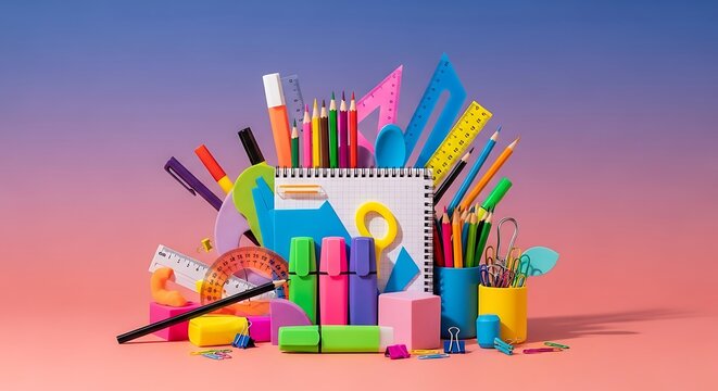 A vibrant collection of school supplies arranged against a gradient background for back to school season - Powered by Adobe