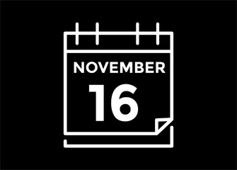 16 November, calendar date icon. 16 November Calendar Date for Deadlines or Appointment. Day, month. vector illustration.
