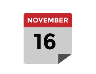 16 November, calendar date icon. 16 November Calendar Date for Deadlines or Appointment. Day, month. vector illustration.
