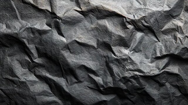 Wrinkled black paper texture with sharp creases and rough surface on a dark background, ideal for grunge or abstract design themes