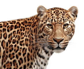 Leopard stalking prey wildlife sanctuary animal portrait. Isolated on transparent background, png.