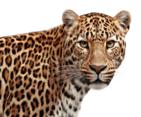 Leopard stalking prey wildlife sanctuary animal portrait. Isolated on transparent background, png.