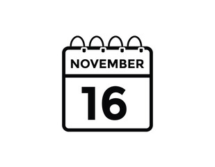 16 November, calendar date icon. 16 November Calendar Date for Deadlines or Appointment. Day, month. vector illustration.
