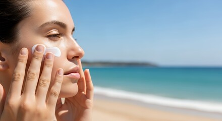 A Person Applying Sunscreen to Their Face with a Beautiful Beach and Ocean in the Background