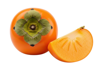 Whole vibrant orange persimmon with green-brown calyx & cut juicy slice displaying intricate flesh and star patterns, isolated on transparent background with copy space, soft studio lighting, no