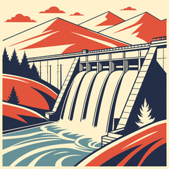 Vintage Illustration of Hydroelectric Dam in Mountainous River Landscape
