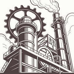 Obraz premium Vintage Industrial Factory Illustration with Gears and Smokestack