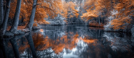 Autumnal serenity: Reflective waters mirroring the vivid hues of an enchanted forest