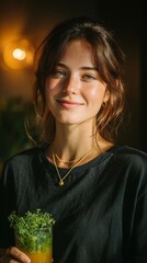 A slender girl who drinks a cocktail herbalife