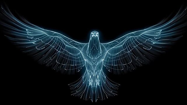Glowing Eagle Soaring: Abstract Neon Bird Animation on Black Background