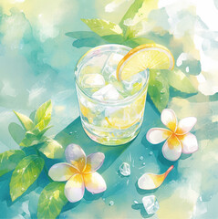 a dreamy watercolor illustration of a Leaf-Barium a transparent glass with ice and lemon slices, soft watercolor texture, gentle brush strokes, pastel green and orange tones