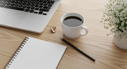 Clean workspace scene: laptop, notebook, pencil, coffee cup, flowers on wood table Mockup, free space for text