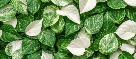 Close-up of variegated epipremnum aureum leaves offering a botanical richness