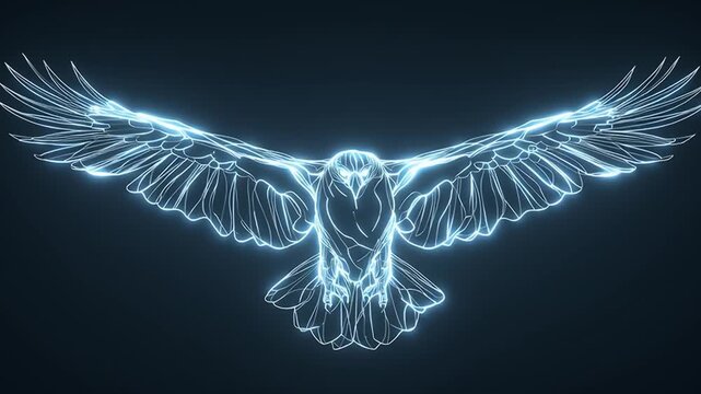 Glowing Neon Owl Spreading Wings, Abstract Digital Art, Dark Background.