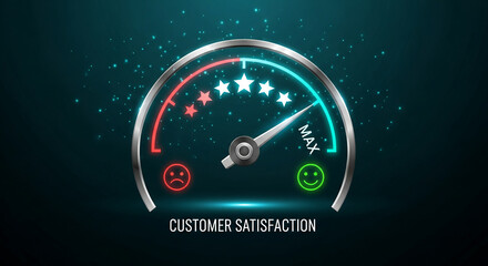 Silver speedometer showing maximum customer satisfaction, illustrated with stars and smiley faces on dark teal background Free space for text or logo