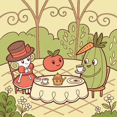 Whimsical Cartoon Tea Party of Vegetables and Girl in a Garden