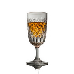 Photo of a crystal glass filled with amber whiskey sits isolated on a transparent background