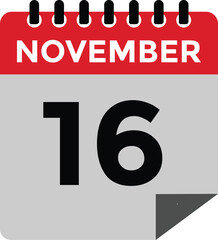 16 November, calendar date icon. 16 November Calendar Date for Deadlines or Appointment. Day, month. vector illustration.
