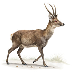 Obraz premium A male nilgai stands on a snowy surface. The animal has a brown coat, long legs, and distinct curved horns. It is native to the Indian subcontinent.