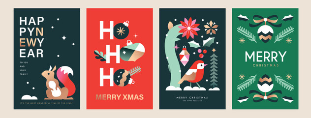 Set of 2026 Merry Christmas and Happy New Year background, banner, cover, poster design with trendy flat style illustration.
