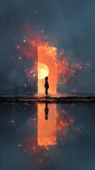 a small human figure standing in front of a massive glowing door under the moonlight, surreal dreamy night, oil painting texture, calm, emotionally immersive