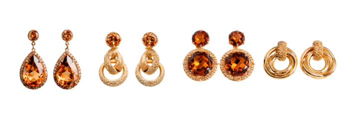 Collection of gold and gemstone earrings isolated on transparent background showcases luxury and elegance