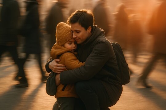 Heartwarming First Day of School Hug: Dad's Comforting Embrace at the Gate - A tender moment between a father and child, providing reassurance and love as the child starts school, with a blurred BG. 