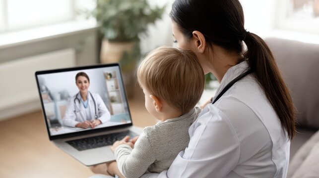 A woman holds a child while engaging in a video conference with a medical professional.