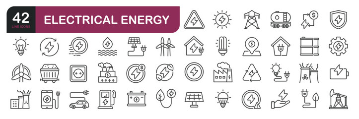 Set of line icons related to electrical, energy, power. Outline icons collection. Editable stroke.