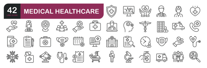 Set of line icons related to healthcare, medical, hospital. Outline icons collection. Editable stroke.