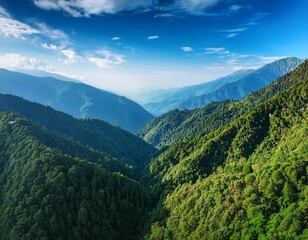 Obraz premium rolling green mountains with dense forests under a bright sky in nainital