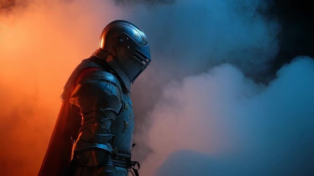 A medieval knight clad in full steel armor stands in mist with dramatic orange and blue lighting, symbolizing honor and battle readiness