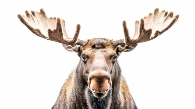 Close-up of a moose facing forward with large antlers, stylized in artistic realism on white background, concept of wildlife portrait focus