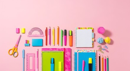Flat lay of colorful school supplies including notebooks pens and paperclips on pink background
