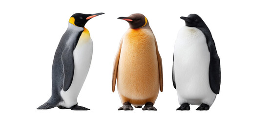 Three penguins of different species standing together against a plain background