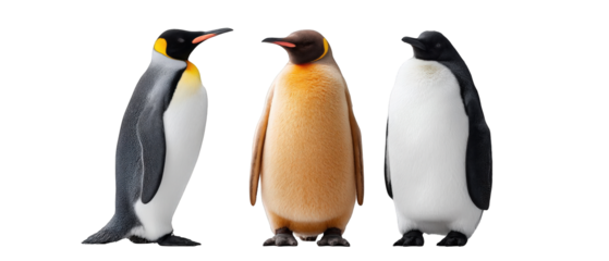 Three penguins of different species standing together against a plain background
