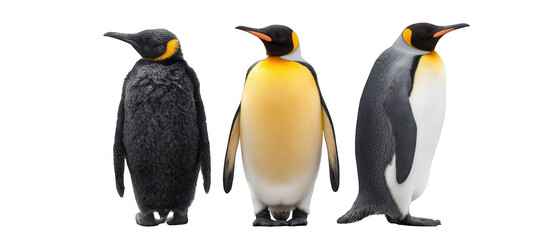 Three penguins showcasing different stages of plumage against a neutral background
