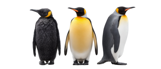 Three penguins showcasing different stages of plumage against a neutral background